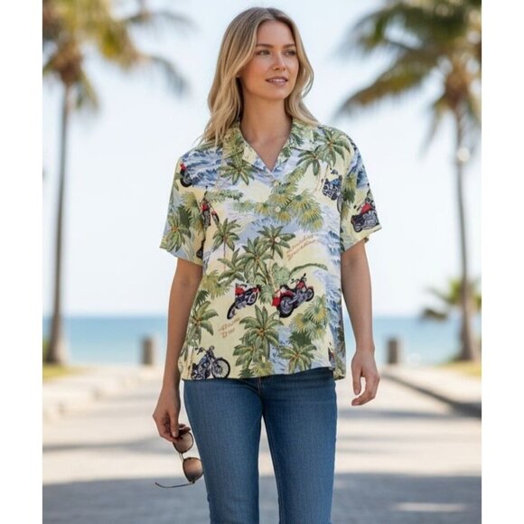 Women's - Harley Davidson Tori Richards Tropical Print Button Down Shirt, XL - Picture 1 of 7